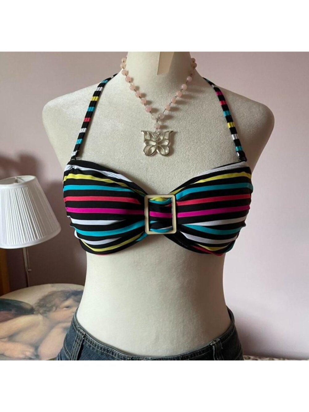 Y2K multicoloured striped halter bikini top with buckle detail